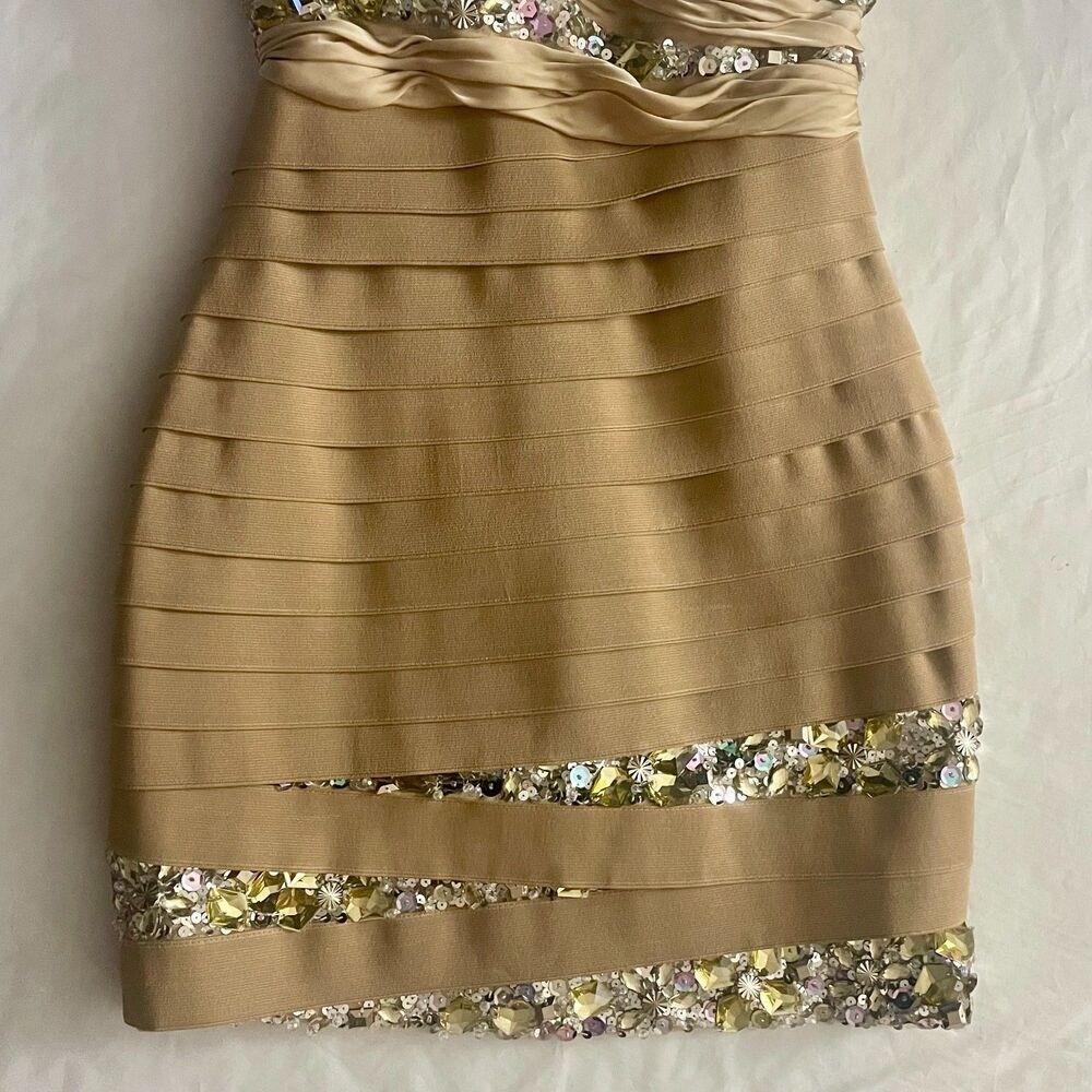 Mac Duggal Gold Beaded Sequin Strapless Mini Dress Size 4 Prom Cocktail Formal - Picture 5 of 9